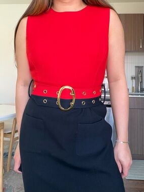 Milly Red and Black Belted Midi Dress